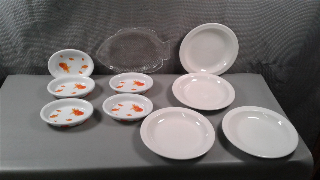 Gibson Goldfish Dishes, Clear Glass Fish Platter, and Restaurant Style Plates