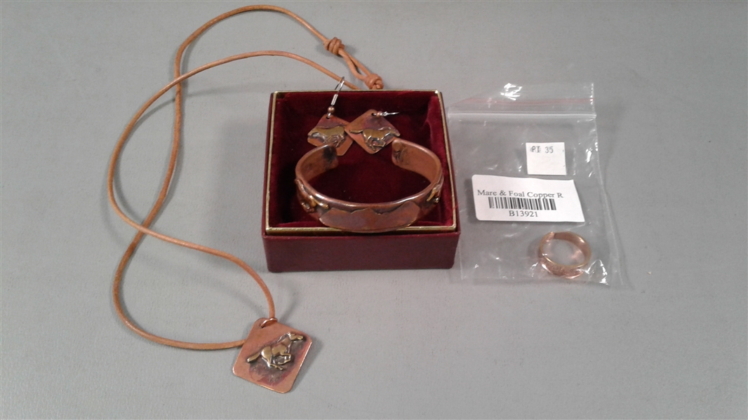 Mare and Foal Copper and Brass Cuff Bracelet, Earrings, Necklace and Ring Set