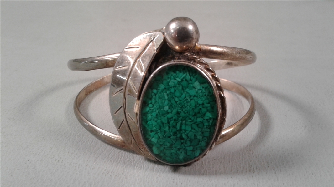 Mexican Silver and Green Malachite Cuff Bracelet and a Pair of Handmade Earrings w/Sterling Wires