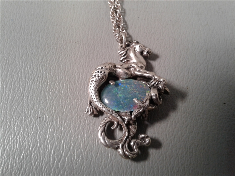 Sterling Silver Necklace with Sea Horse Pendant and Opal
