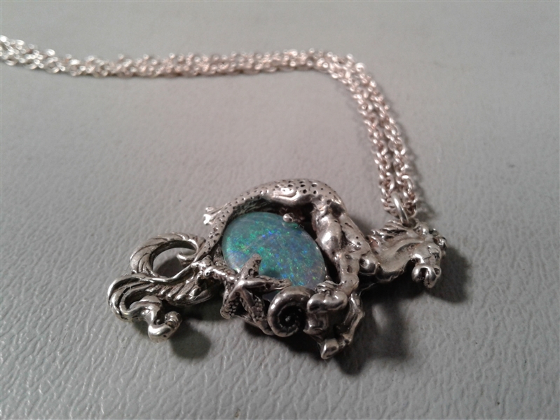 Sterling Silver Necklace with Sea Horse Pendant and Opal