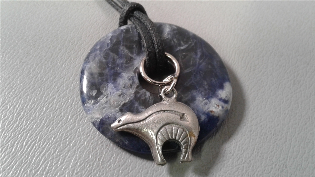 Sterling Silver Necklace with Bear Charm and Sodalite Donut Stone Necklace w/Bear