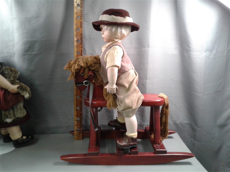 Pair of Vintage Show-Stoppers Porcelain Dolls With Rocking Horse
