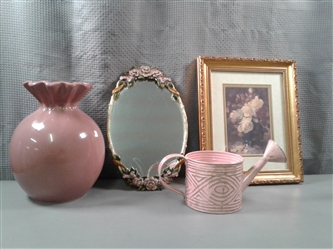 Rose Collection- Framed Mirror, Framed Print, Watering Can, and Vase