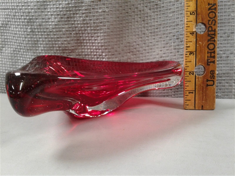 Ruby & Clear Glass Bowl, Triangle Dish, and Creamer and Sugar