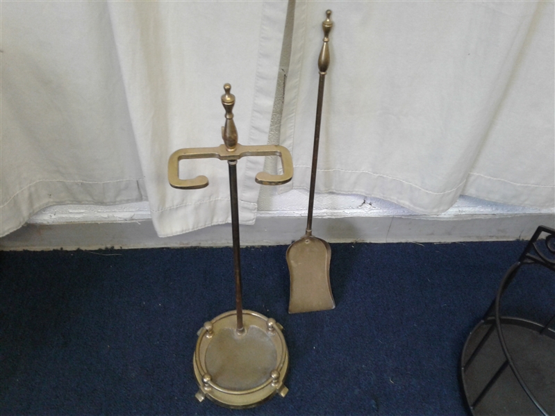 Brass Fireplace Tool Holder W/Shovel & Metal Basket