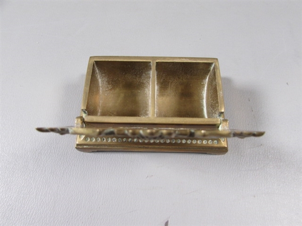 Vintage Brass Stamp Box, Fan, and Statue