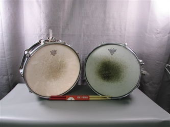 Pair of Drums Remo Weatherking Emperor X Snare Drums and Drumsticks