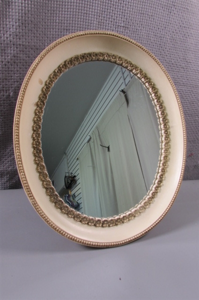Framed Oval Mirror and Greek Wall Hangings
