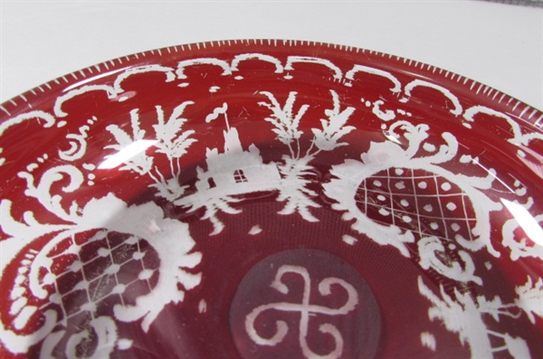 Vintage Ruby Red Etched to Clear 1-Handled Dish