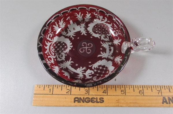 Vintage Ruby Red Etched to Clear 1-Handled Dish