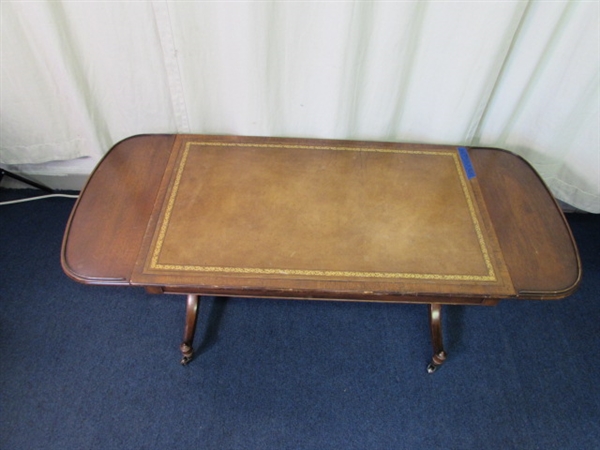 Vintage Leather Top Fold Down Coffee Table W/Casters