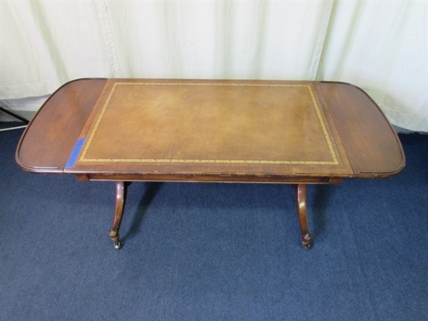 Vintage Leather Top Fold Down Coffee Table W/Casters
