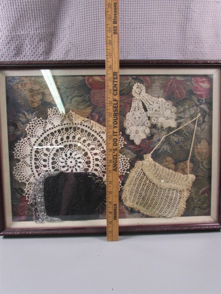 Shadow Box with Doilies and Vintage Bags