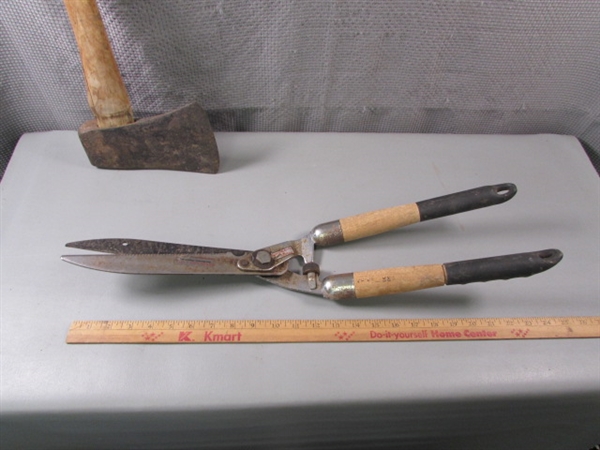 Hedge Shears, Axe, and other Tools. Axe handle needs to be replaced.