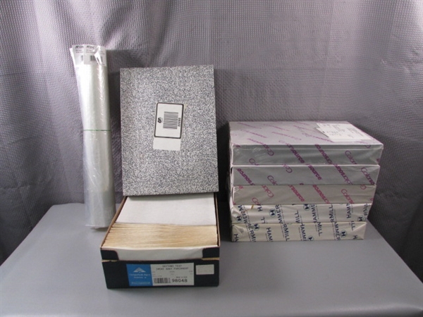 Bulk Lot of 8.5x14 Colored Paper, Desk Protectors, & Box of Envelopes