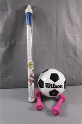 PAIR OF 2LB WEIGHTS, THE STICK & SOCCER BALL