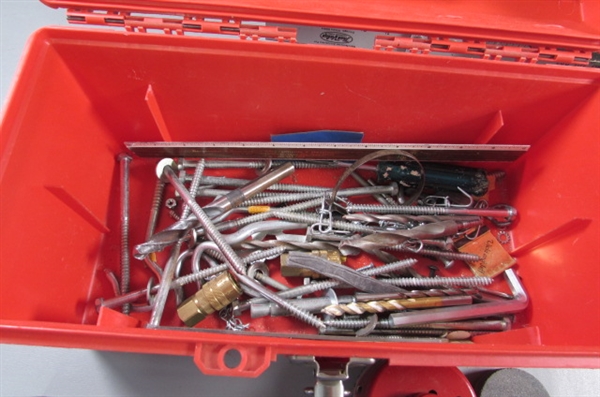 ASSORTED HAND TOOLS, HARDWARE & TOOLBOX
