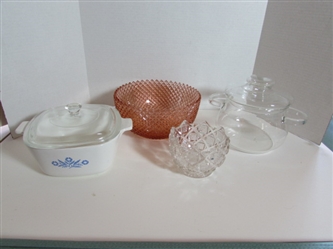 CORNING, PRESSED GLASS BOWLS AND GLASS KETTLE