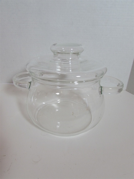 CORNING, PRESSED GLASS BOWLS AND GLASS KETTLE