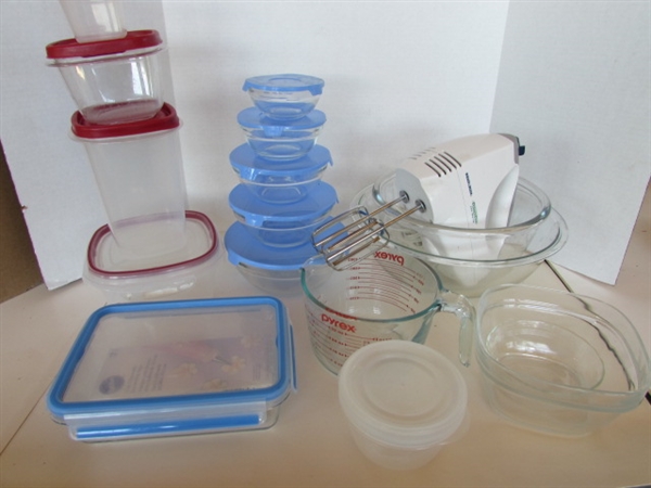 GLASS MIXING BOWLS, MEASURING CUPS AND HAND MIXER