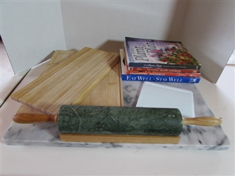 COOK BOOKS, CUTTING BOARDS , MARBLE CUTTING BOARD AND ROLLING PIN