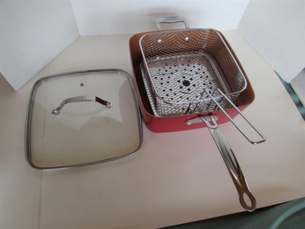 BRAUN, CARAWAY PANS, RED COPPER FRYER AND STAINLESS STEEL TACO STANDS