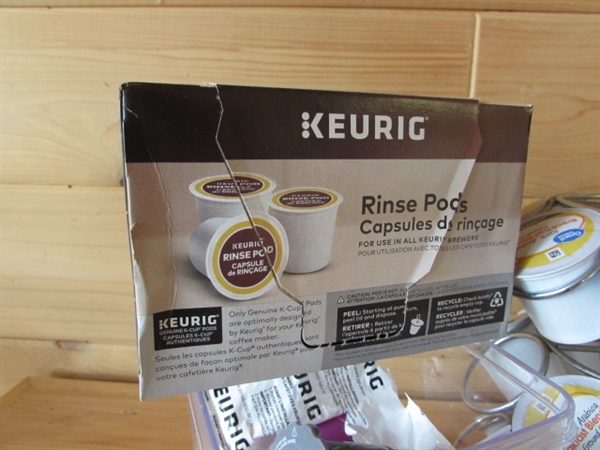 KEURIG COFFEE MAKER, PODS AND STANDS