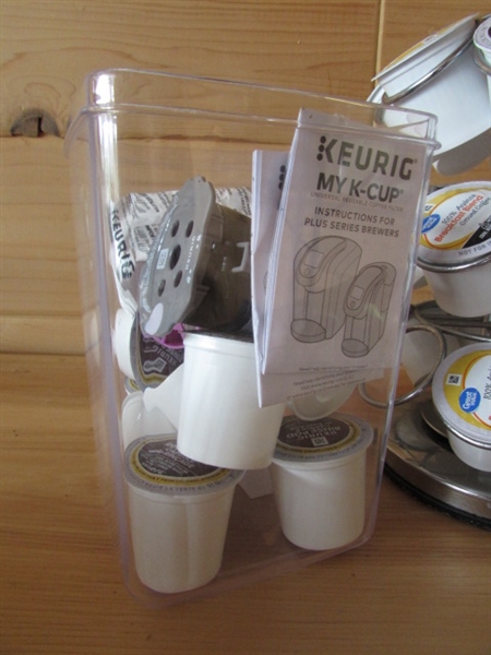 KEURIG COFFEE MAKER, PODS AND STANDS