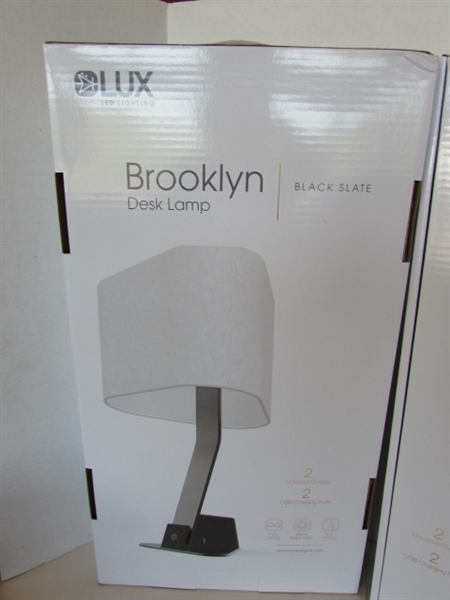 2 NEW IN BOXES BROOKLYN DESK LAMPS AND LED PORTABLE SPOTLIGHT