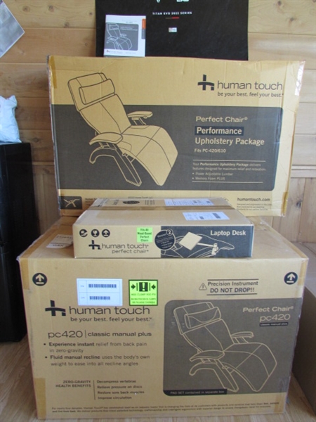 HUMAN TOUCH PC 420 ZERO GRAVITY CHAIR , UPHOLSTERY PACKAGE AND LAPTOP DESK