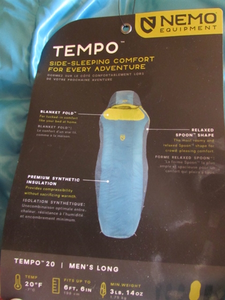 TEMPO SLEEPING BAG, NEMO INFLATABLE SLEEPING PAD,PILLOW AND ACCESSORIES