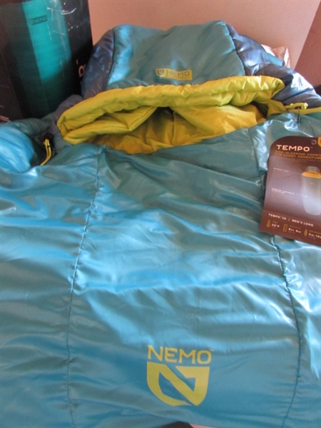 TEMPO SLEEPING BAG, NEMO INFLATABLE SLEEPING PAD,PILLOW AND ACCESSORIES