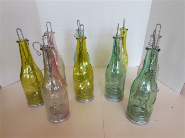 9 PATIO TWINKLE LIGHT-UP BOTTLES AND 2 CANDLESTICK LAMPS