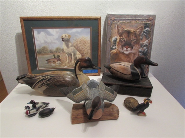 DUCKS UNLIMITED WOOD DUCKS, RETRIEVER PRINT, AND WILD WINGS COUGAR PRINT ON CANVAS