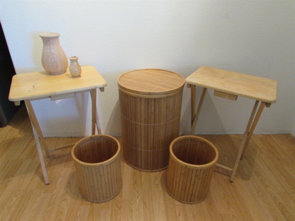 BAMBOO HAMPER, TRASH CANS, 2 FOLDING TABLES AND WOOD DECOR