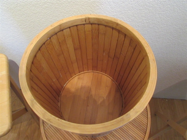 BAMBOO HAMPER, TRASH CANS, 2 FOLDING TABLES AND WOOD DECOR
