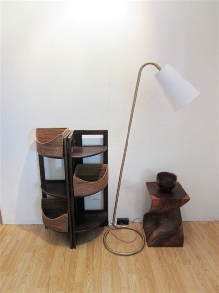 SHELVING UNIT, LAMP AND WOOD SIDE TABLE WITH WOOD TURNED BOWL