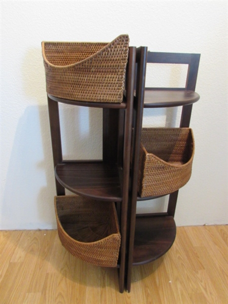 SHELVING UNIT, LAMP AND WOOD SIDE TABLE WITH WOOD TURNED BOWL
