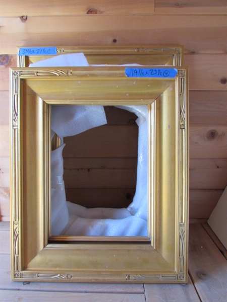 5 GOLD ART FRAMES OF SAME STYLE , 2 DIFFERENT SIZES