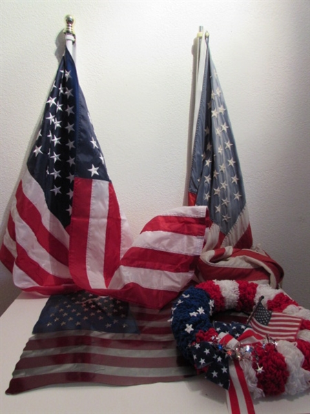 2 AMERICAN FLAGS AND METAL AMERICAN FLAG WALL ART