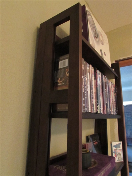 MOVIE/DVD SHELVING UNIT, YAHOO DVD/CD PLAYER, DVD MOVIES AND MUSIC ON DVD'S