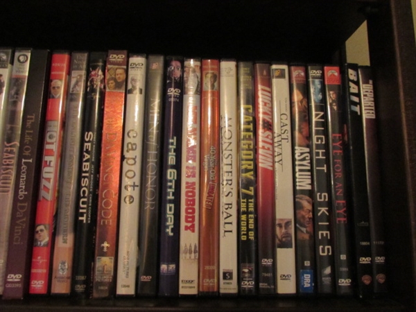MOVIE/DVD SHELVING UNIT, YAHOO DVD/CD PLAYER, DVD MOVIES AND MUSIC ON DVD'S