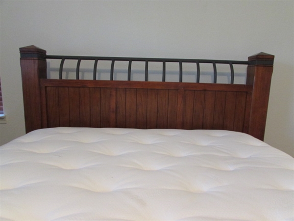 SIMMONS DEEP SLEEP PILLOW TOP MATTRESS AND BOX SPRING WITH QUEEN SIZE HEADBOARD AND FRAME.