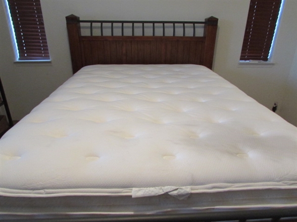 SIMMONS DEEP SLEEP PILLOW TOP MATTRESS AND BOX SPRING WITH QUEEN SIZE HEADBOARD AND FRAME.