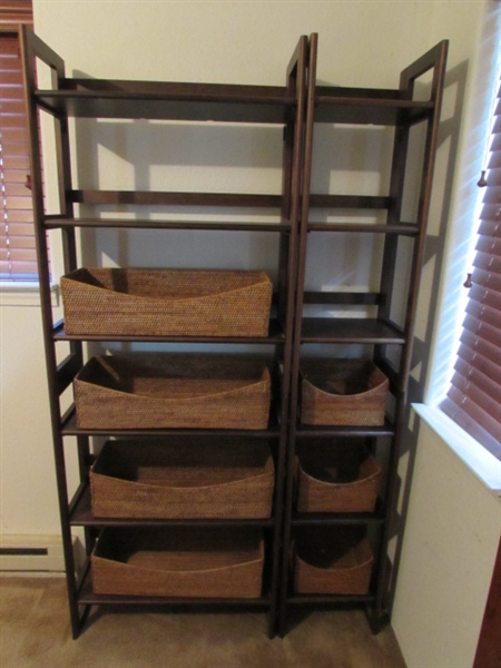STACKING 6 TIER SHELVES WITH WICKER BASKETS