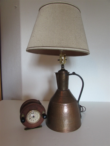 COPPER KETTLE LAMP AND REEL TIME ALARM CLOCK.