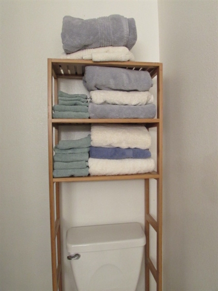 OVER THE TOILET WOODEN SHELF UNIT AND TOWELS