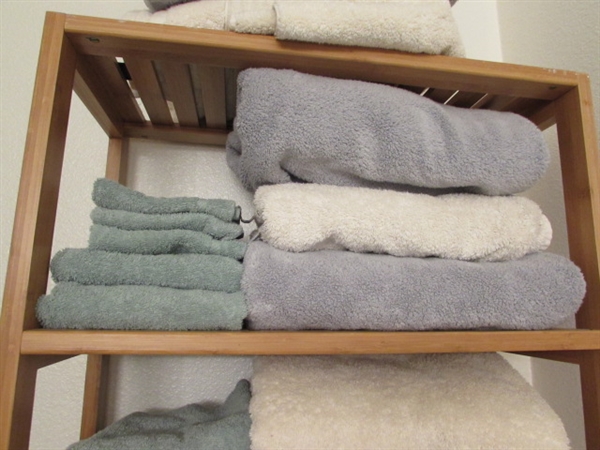 OVER THE TOILET WOODEN SHELF UNIT AND TOWELS