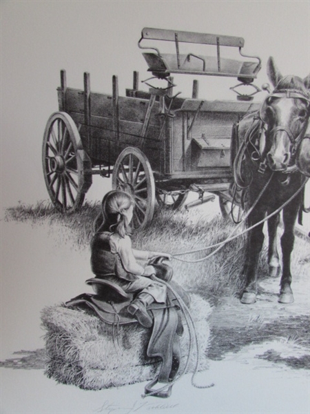 STEPHEN HUBBELL SIGNED & NUMBERED PRINT - WAGON, COWBOY & CHILD